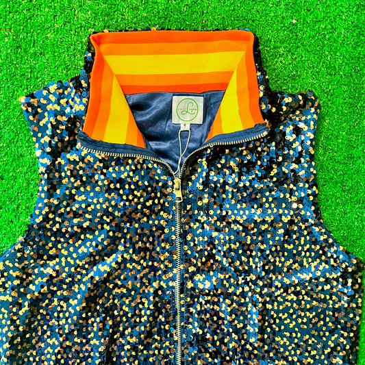 GLEAUX GIRL™ Confetti Sequin Vest / Navy+Orange / Retro Rainbow