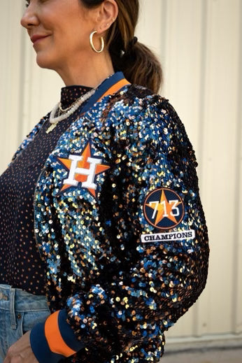 GLEAUX GIRL™ ORIGINAL GAMEDAY SEQUIN JACKET - Navy + Orange