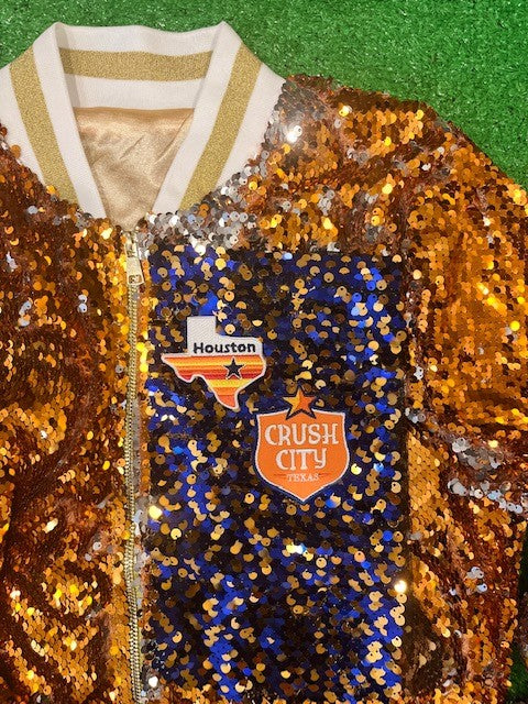 GLEAUX GIRL™ ORIGINAL GAMEDAY SEQUIN JACKET - Navy + Orange