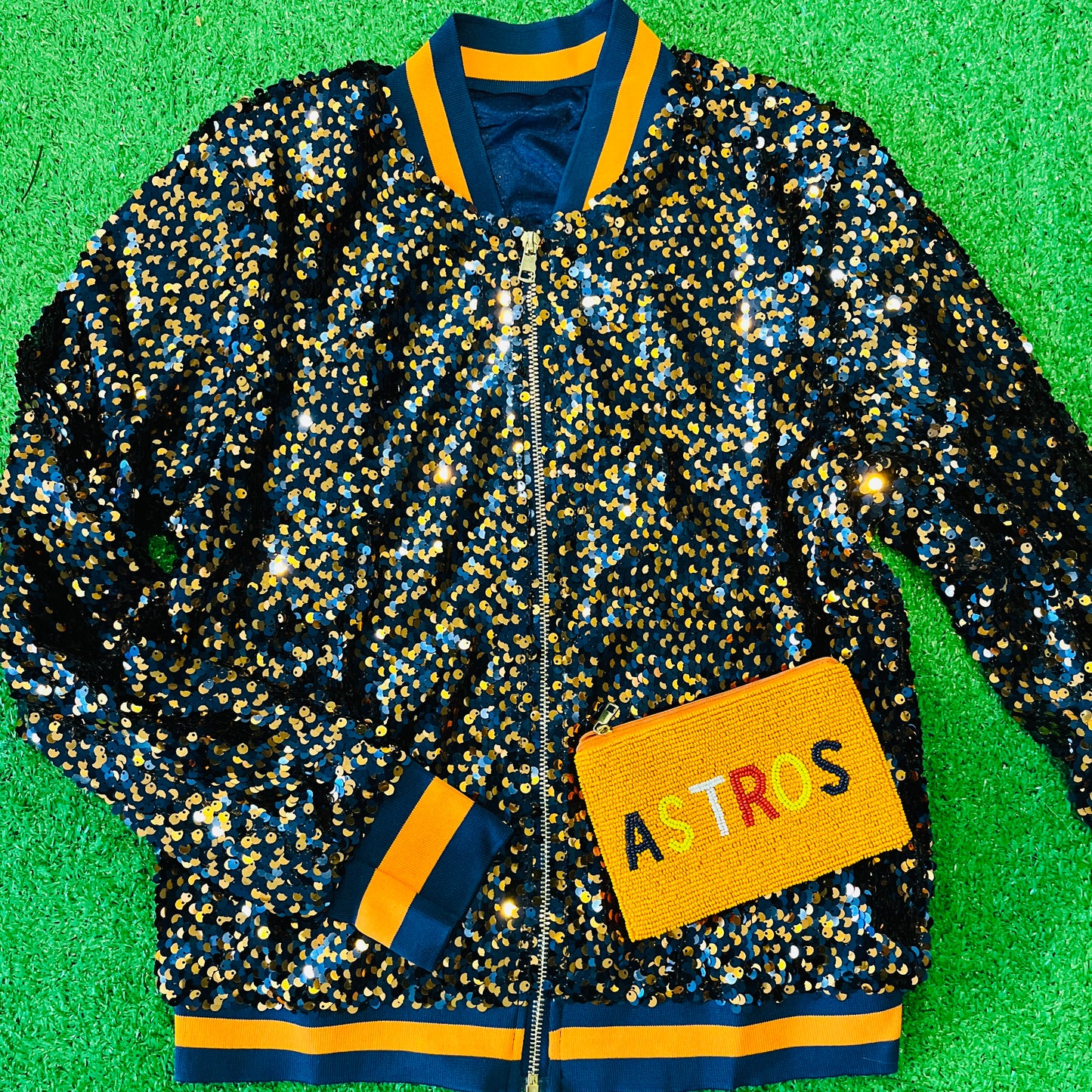 GLEAUX GIRL™ ORIGINAL GAMEDAY SEQUIN JACKET - Navy + Orange