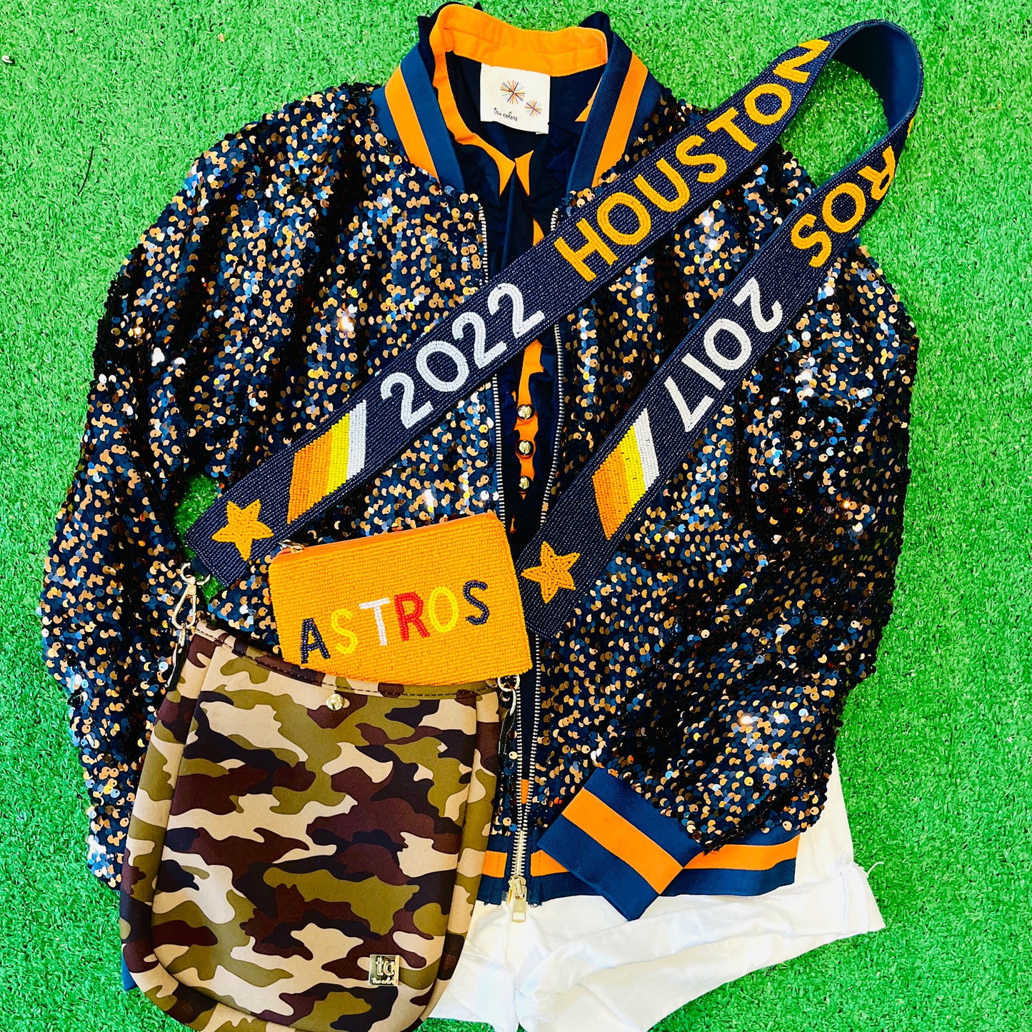 GLEAUX GIRL™ ORIGINAL GAMEDAY SEQUIN JACKET - Navy + Orange