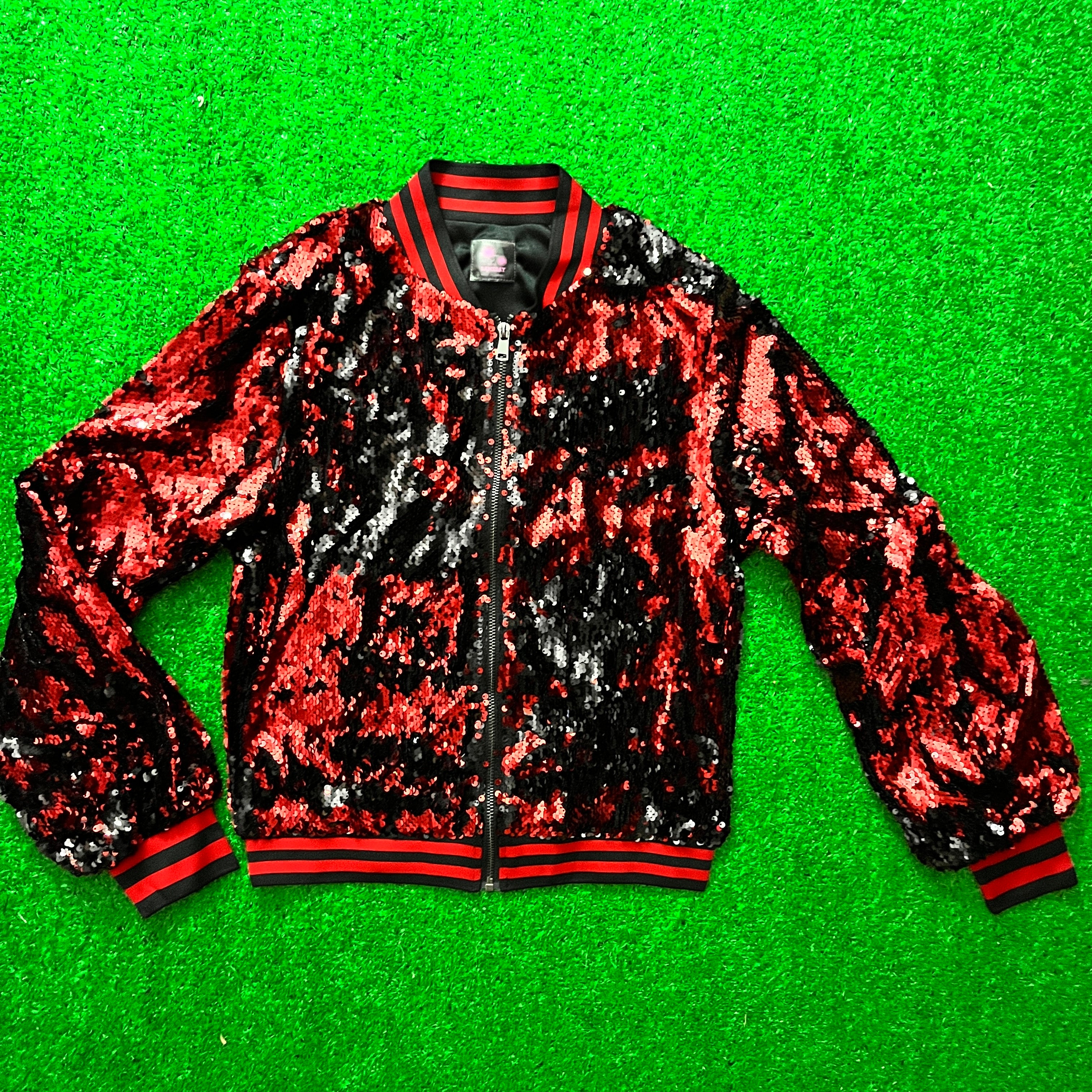 Red shops and black sequin jacket